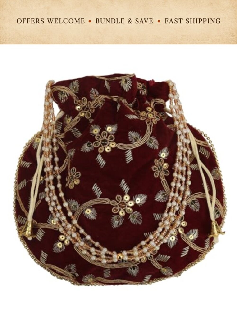Embroidered Silk Potli Bag Drawstring Wristlet Clutch for Wedding Party